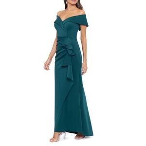 Xscape Ruffled Off-the-Shoulder Gown Short Sleeves Hunter Green Size 8 NWT